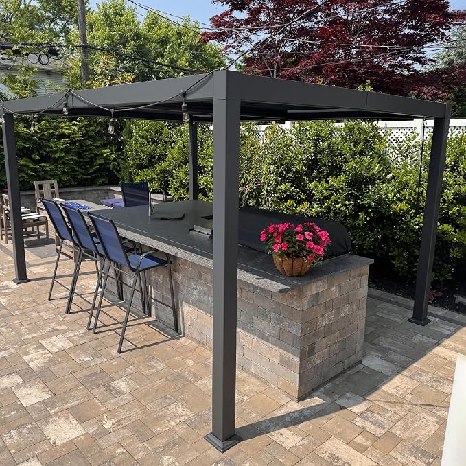 Louvered Pergola 10' x 14' Aluminum Pergola w/Independent Roof | 70 mph for stability, Reinforced beams add strength, Hidden drainage keeps dry, Independent louvers customize shade