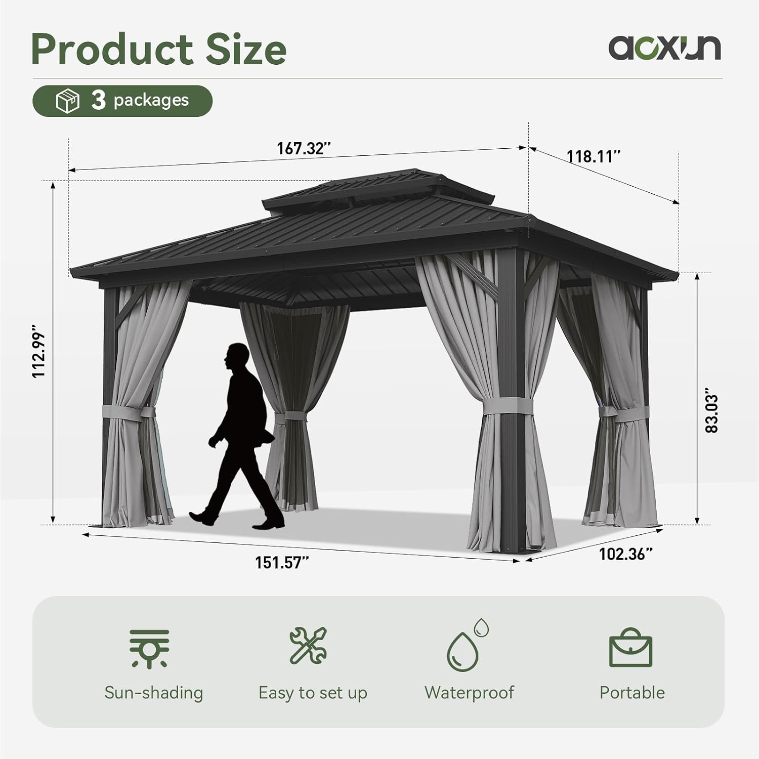 Gazebo 10x14 Hardtop Gazebo with Double Galvanized Steel Roof, Gray | Metal Frame Outdoor Pavilion with Breathable Netting and Privacy Curtain for Backyard