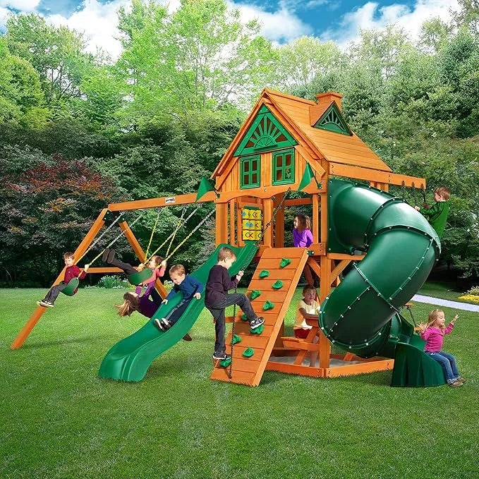 Gorilla Playsets Mountaineer Treehouse Wooden Swing Set with Tube Slide