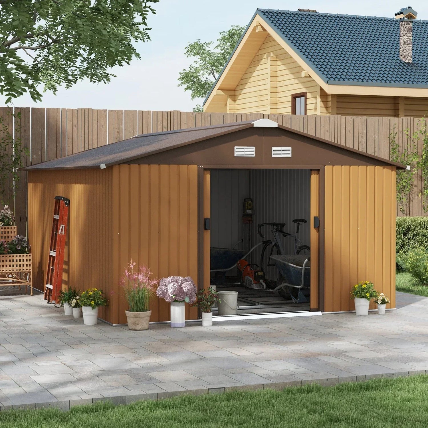 Outsunny Outdoor Storage Shed Yellow 11’×13′ Galvanized Steel