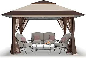 CROWN SHADES 13×13 Pop Up Gazebo, Canopy Tent, Gazebos on Clearance – Outdoor Gazebo for Backyard & Patio Furniture – Carpa Pop Up Tent with Wheeled STO-N-Go Cover Bag (Beige & Coffee)