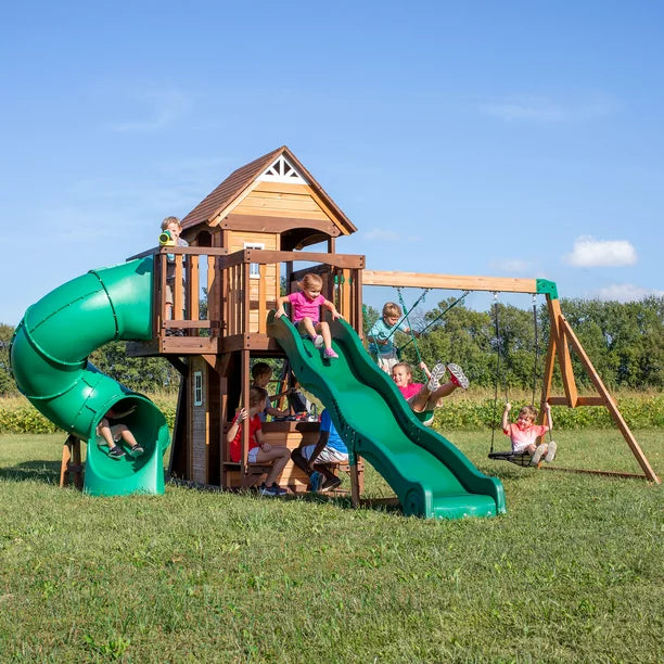 Backyard Discovery Cedar Cove Wooden Swing Set with Dual Slides & Playhouse
