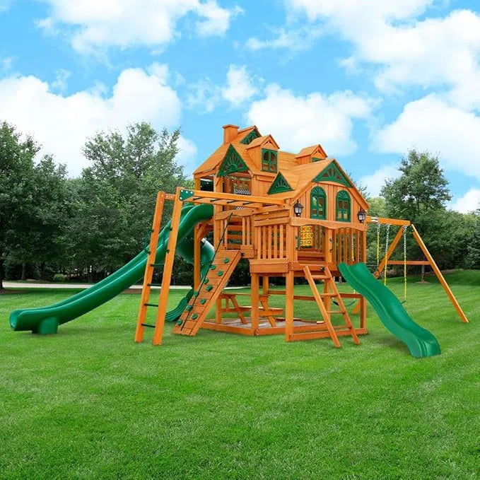 Gorilla Playsets Empire Extreme Wooden Swing Set with Monkey Bars, Clatter Bridge, and 3 Slides