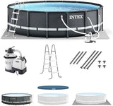 Intex Ultra XTR Frame 14′ x 42″ Round Above Ground Outdoor Swimming Pool Set with Sand Filter Pump, Ladder, Ground Cloth, and Pool Covers